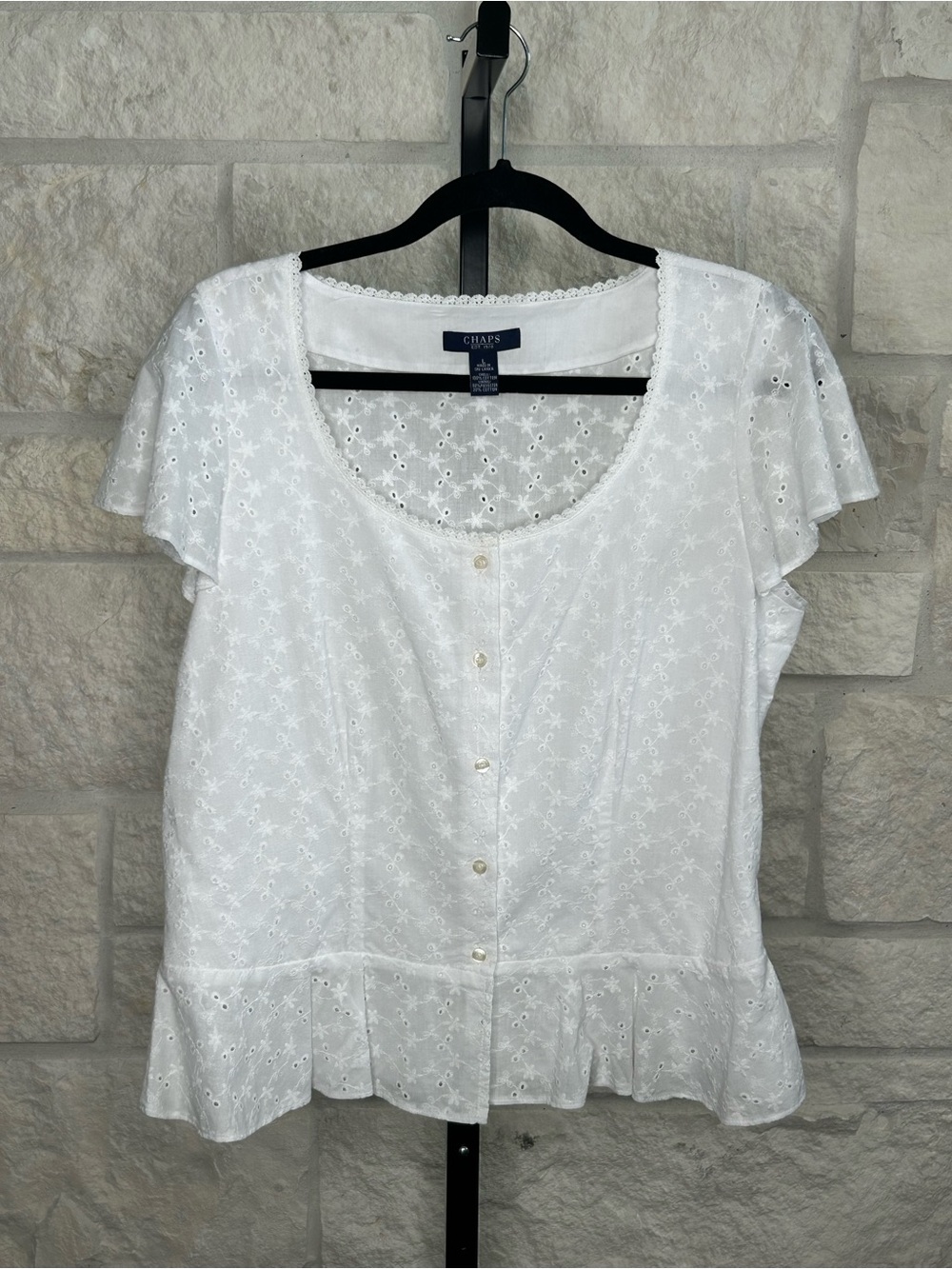 Chaps Women's White Eyelet Button-Front Peplum Top Large